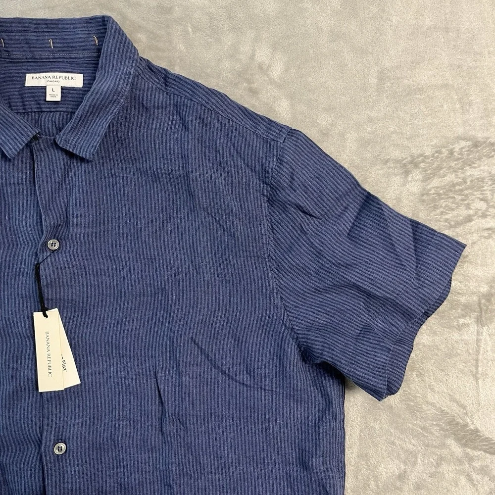 Banana Republic Standard Shirt Mens L Blue Striped 100% Linen Short Sleeve